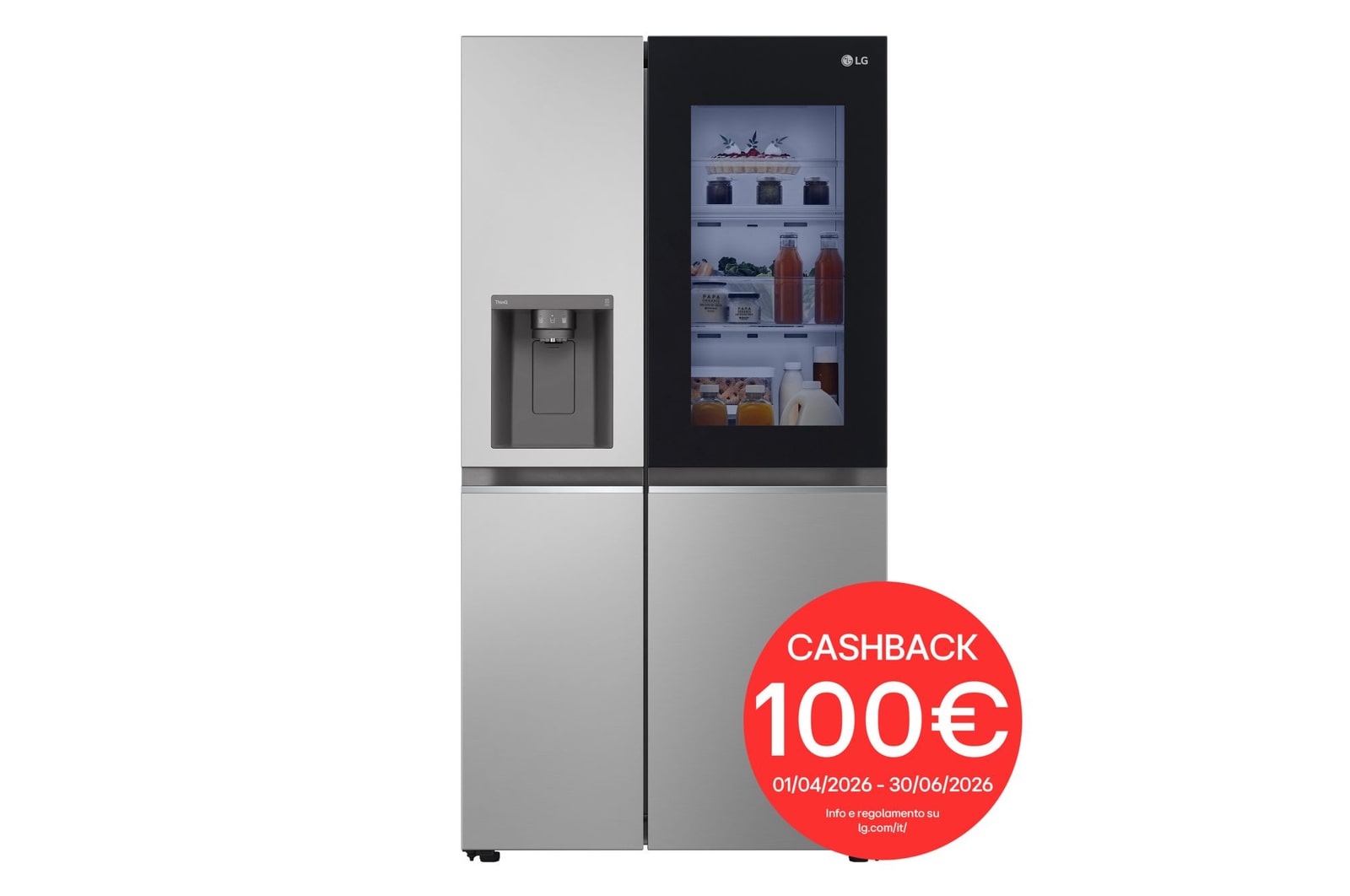 Vista frontale di Frigorifero Side-by-Side InstaView | Classe E, 635L | Wi-Fi, Dispenser senza allaccio, Fresh Balancer, No frost | Prime Silver GSGV81PYLL